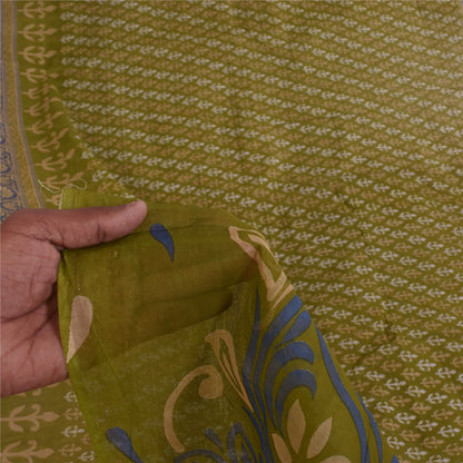 Sanskriti Vintage Sarees Green Pure Cotton Block Printed Sari 5+yd Craft Sustainable Fabric