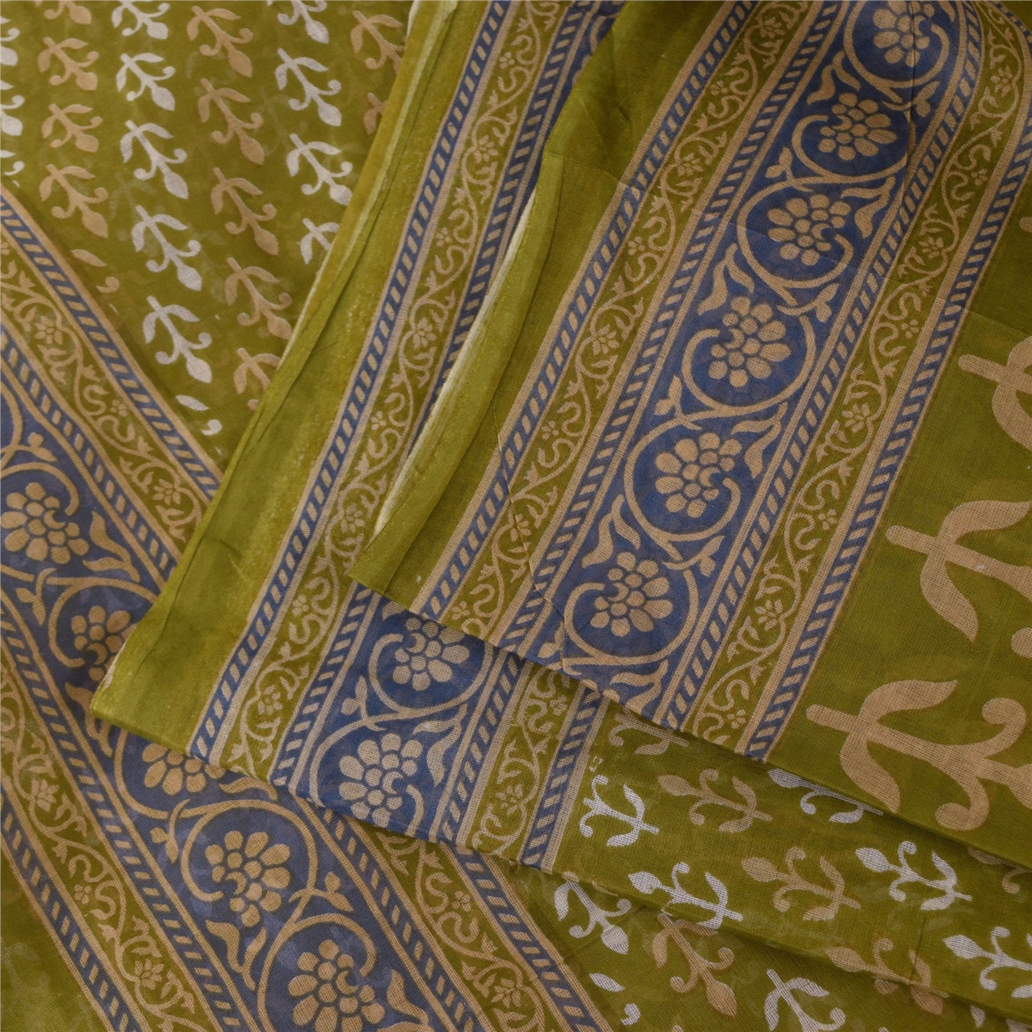Sanskriti Vintage Sarees Green Pure Cotton Block Printed Sari 5+yd Craft Sustainable Fabric