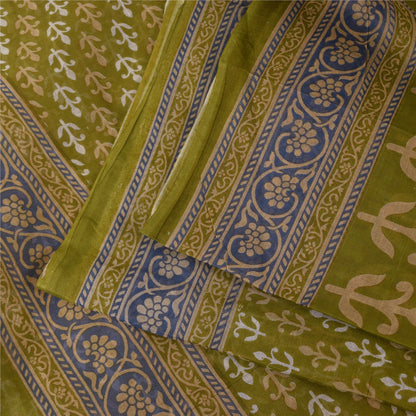 Sanskriti Vintage Sarees Green Pure Cotton Block Printed Sari 5+yd Craft Sustainable Fabric