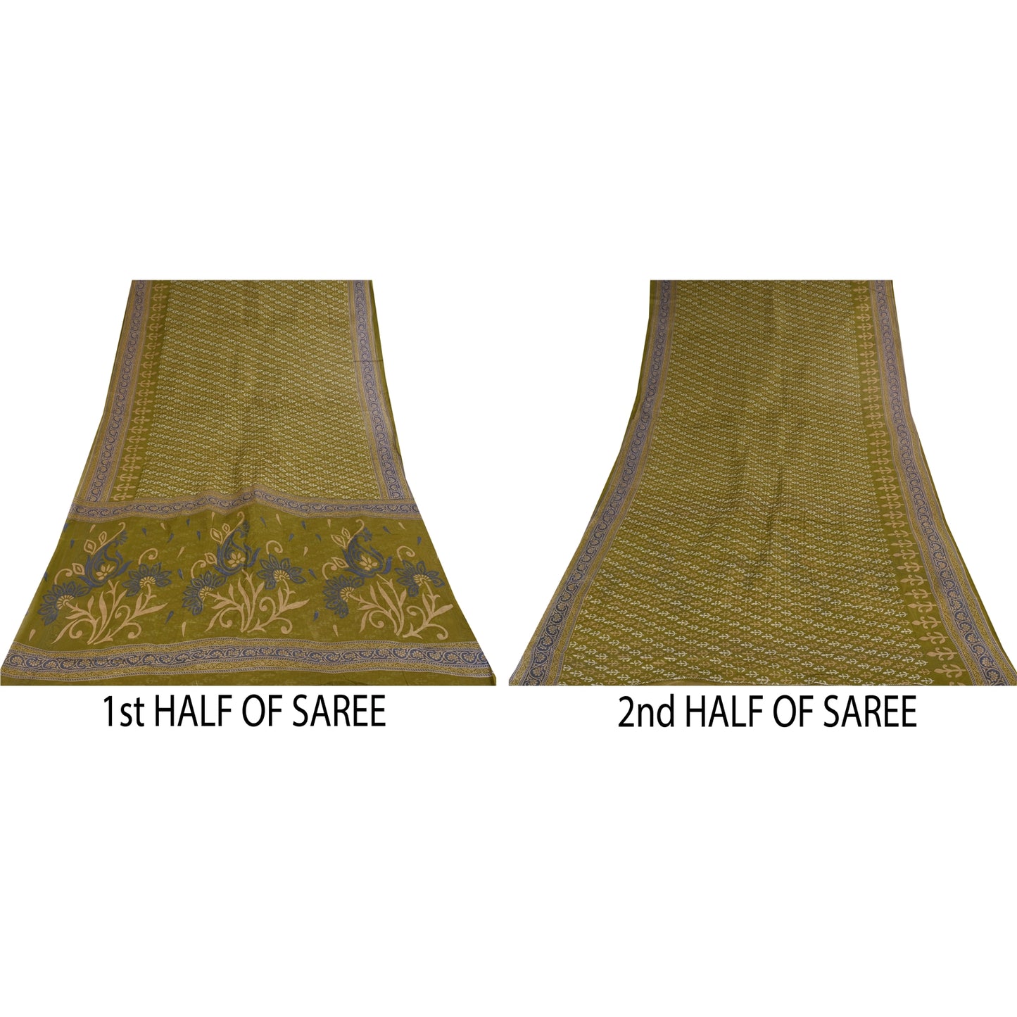 Sanskriti Vintage Sarees Green Pure Cotton Block Printed Sari 5+yd Craft Sustainable Fabric