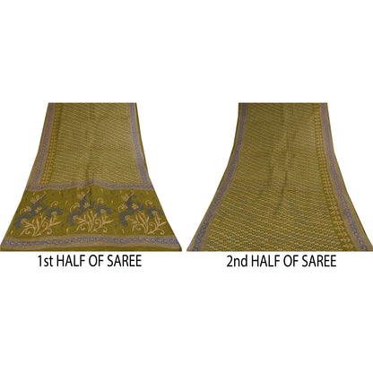 Sanskriti Vintage Sarees Green Pure Cotton Block Printed Sari 5+yd Craft Sustainable Fabric