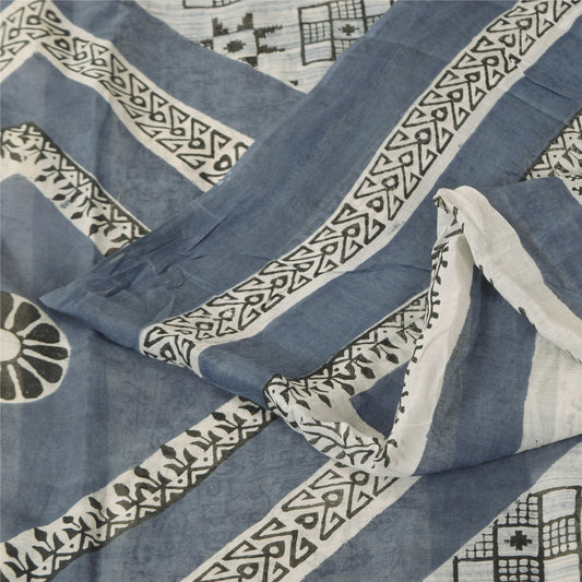 Sanskriti Vintage Sarees Gray/White Pure Cotton Printed Sari 5+yd Craft Sustainable Fabric