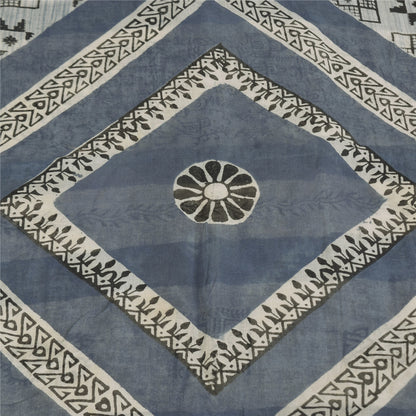 Sanskriti Vintage Sarees Gray/White Pure Cotton Printed Sari 5+yd Craft Sustainable Fabric