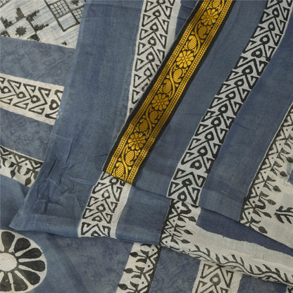 Sanskriti Vintage Sarees Gray/White Pure Cotton Printed Sari 5+yd Craft Sustainable Fabric