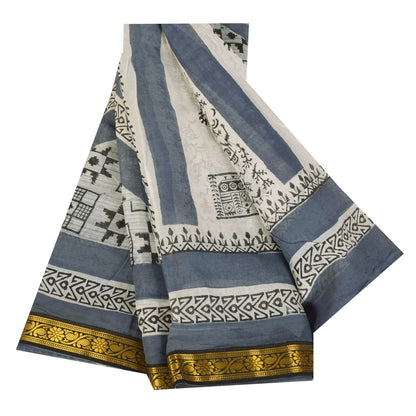Sanskriti Vintage Sarees Gray/White Pure Cotton Printed Sari 5+yd Craft Sustainable Fabric