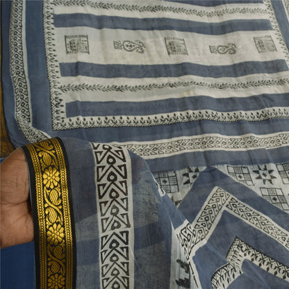 Sanskriti Vintage Sarees Gray/White Pure Cotton Printed Sari 5+yd Craft Sustainable Fabric