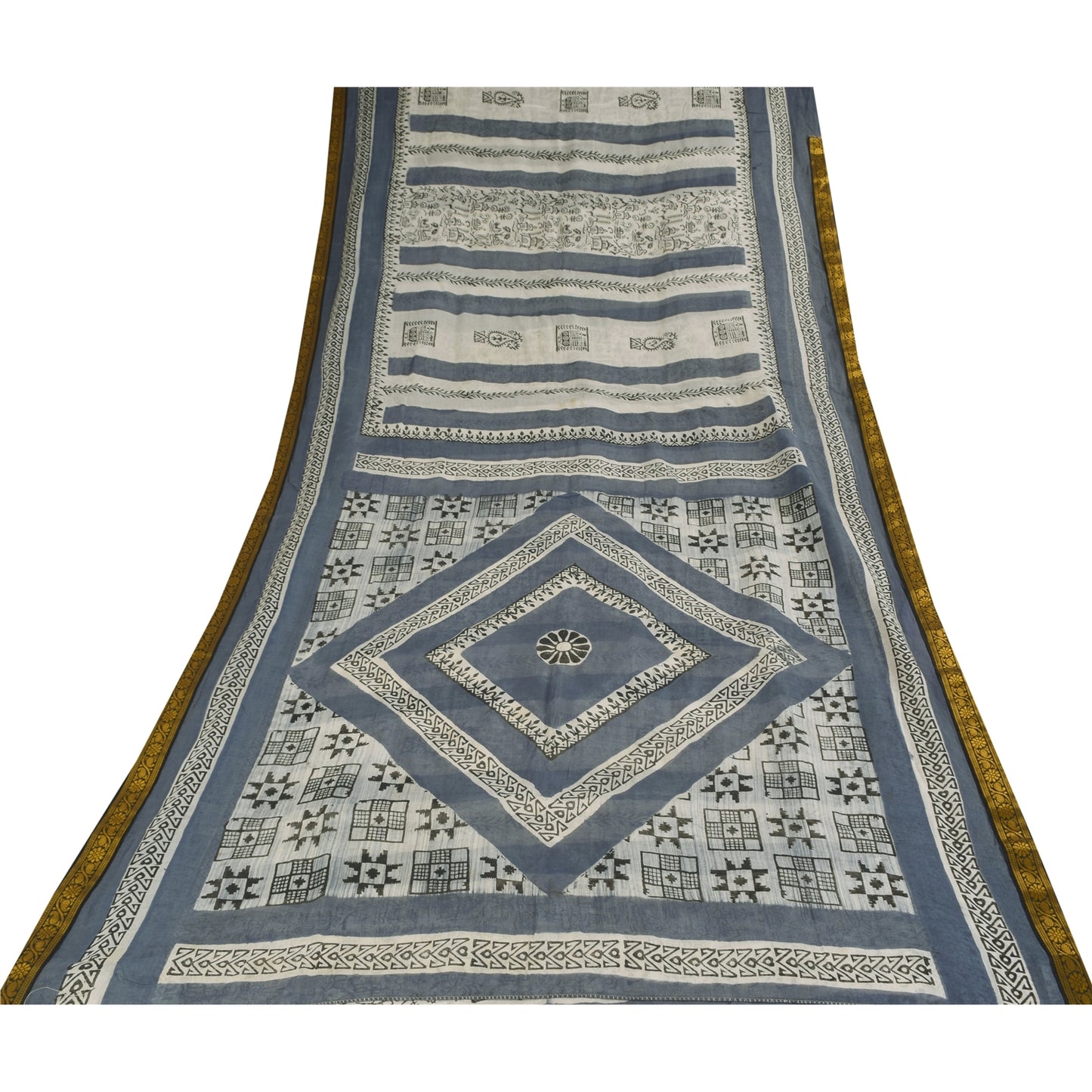 Sanskriti Vintage Sarees Gray/White Pure Cotton Printed Sari 5+yd Craft Sustainable Fabric