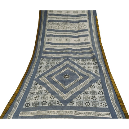Sanskriti Vintage Sarees Gray/White Pure Cotton Printed Sari 5+yd Craft Sustainable Fabric