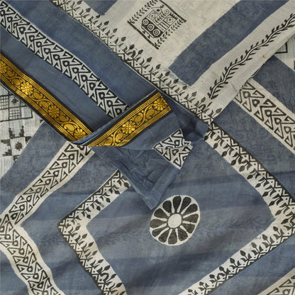 Sanskriti Vintage Sarees Gray/White Pure Cotton Printed Sari 5+yd Craft Sustainable Fabric