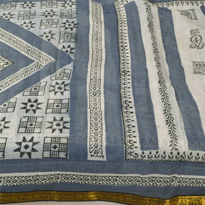 Sanskriti Vintage Sarees Gray/White Pure Cotton Printed Sari 5+yd Craft Sustainable Fabric