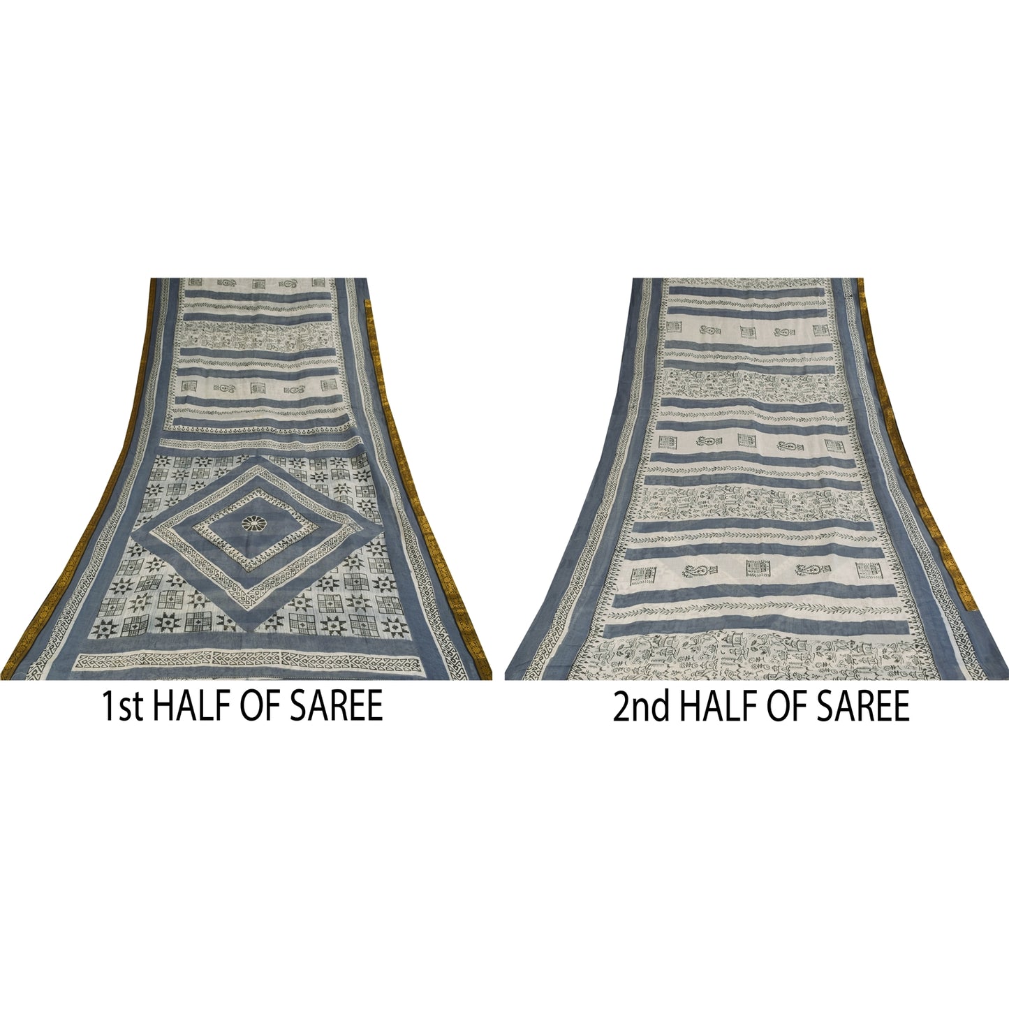 Sanskriti Vintage Sarees Gray/White Pure Cotton Printed Sari 5+yd Craft Sustainable Fabric