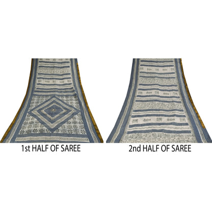 Sanskriti Vintage Sarees Gray/White Pure Cotton Printed Sari 5+yd Craft Sustainable Fabric