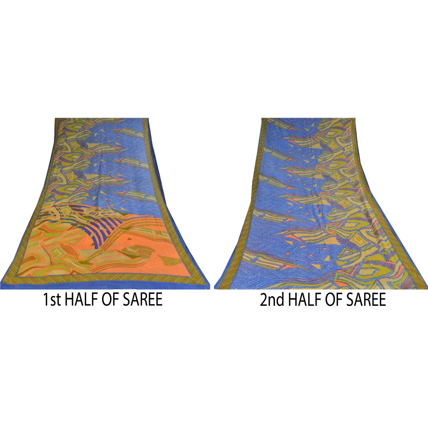 Sanskriti Vintage Sarees Indian Blue Pure Cotton Printed Sari 5+yd Craft Sustainable Fabric