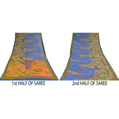Sanskriti Vintage Sarees Indian Blue Pure Cotton Printed Sari 5+yd Craft Sustainable Fabric