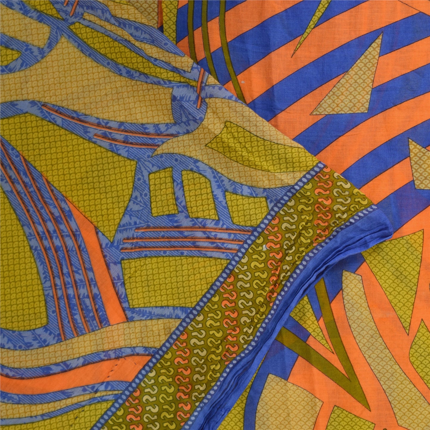 Sanskriti Vintage Sarees Indian Blue Pure Cotton Printed Sari 5+yd Craft Sustainable Fabric