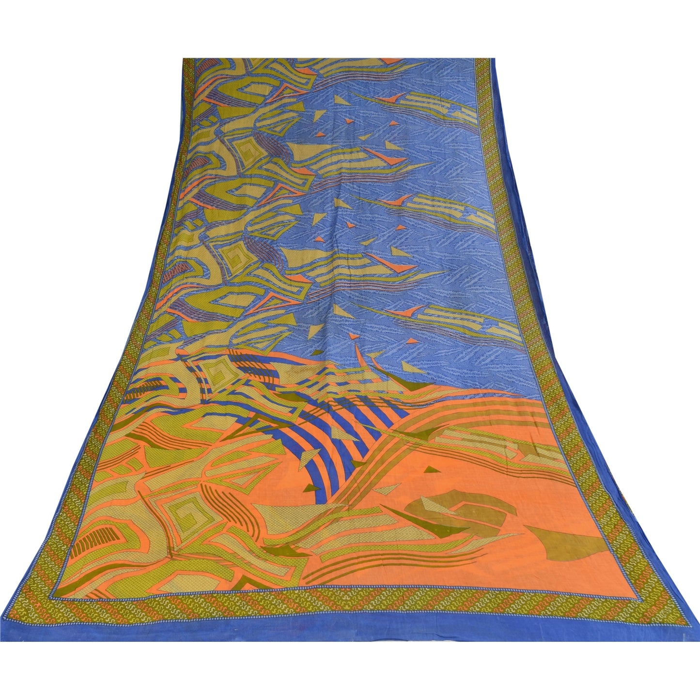 Sanskriti Vintage Sarees Indian Blue Pure Cotton Printed Sari 5+yd Craft Sustainable Fabric