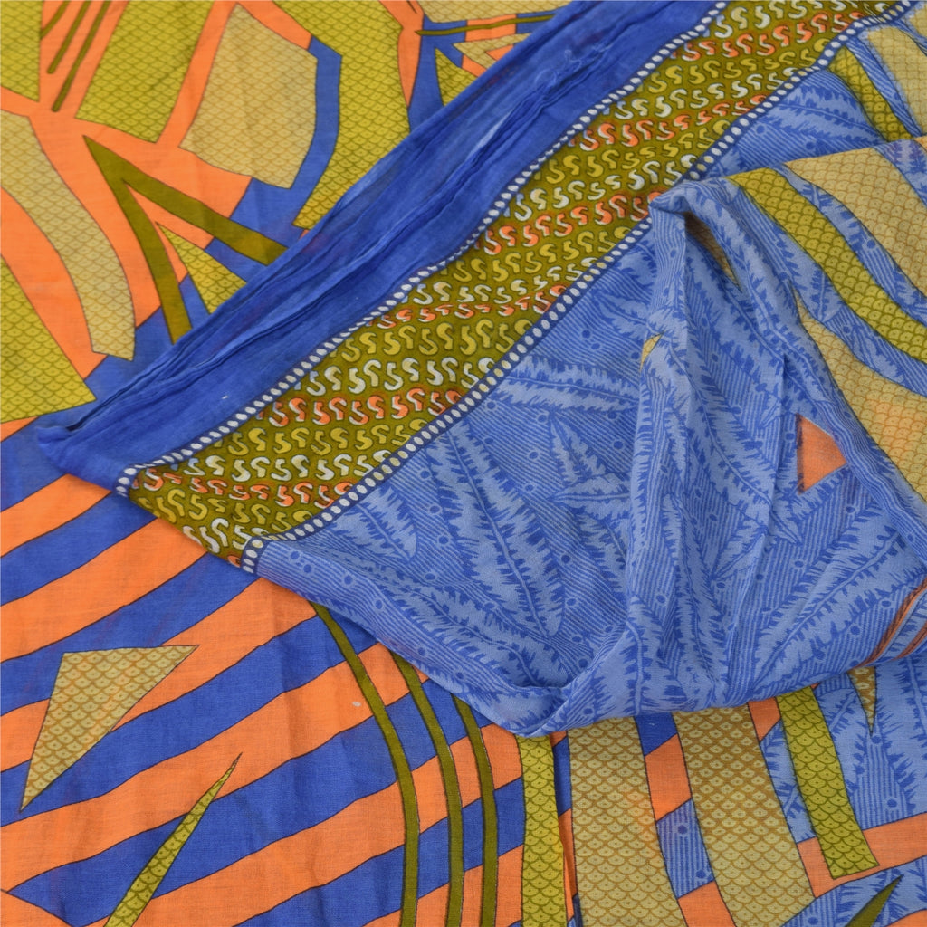 Sanskriti Vintage Sari 100% Pure Cotton Saree Indian Blue Abstract Printed 5+Yd Craft Bohemian Fabric For Dressmaking, Decor Supplies