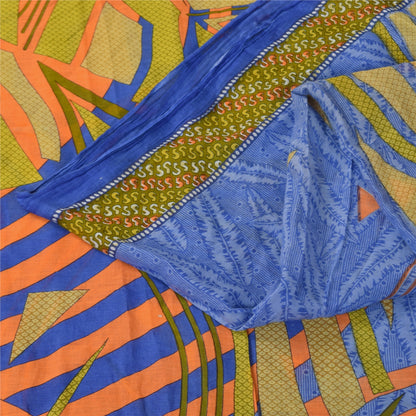 Sanskriti Vintage Sarees Indian Blue Pure Cotton Printed Sari 5+yd Craft Sustainable Fabric