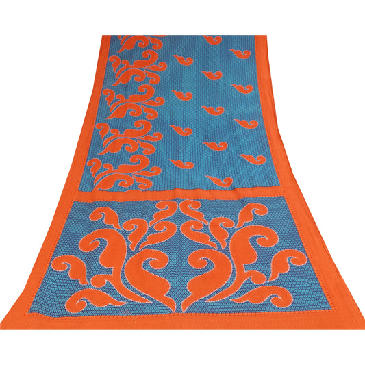 Sanskriti Vintage Sarees Blue/Orange Pure Cotton Printed Sari 5+yd Craft Sustainable Fabric