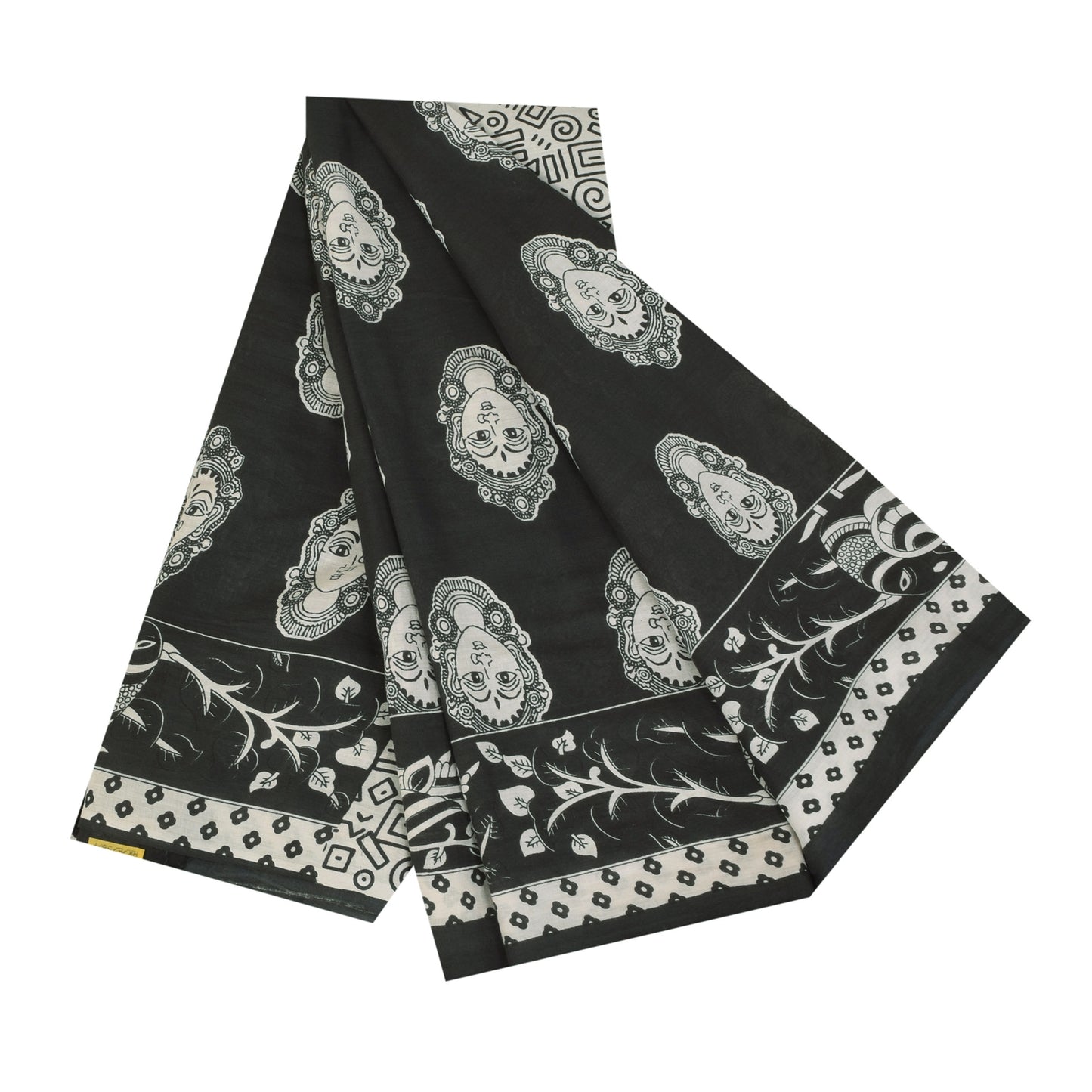Sanskriti Vintage Sarees Black Kalamkari Handmade Pure Cotton Print Sari Sustainable Fabric