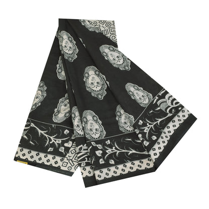 Sanskriti Vintage Sarees Black Kalamkari Handmade Pure Cotton Print Sari Sustainable Fabric