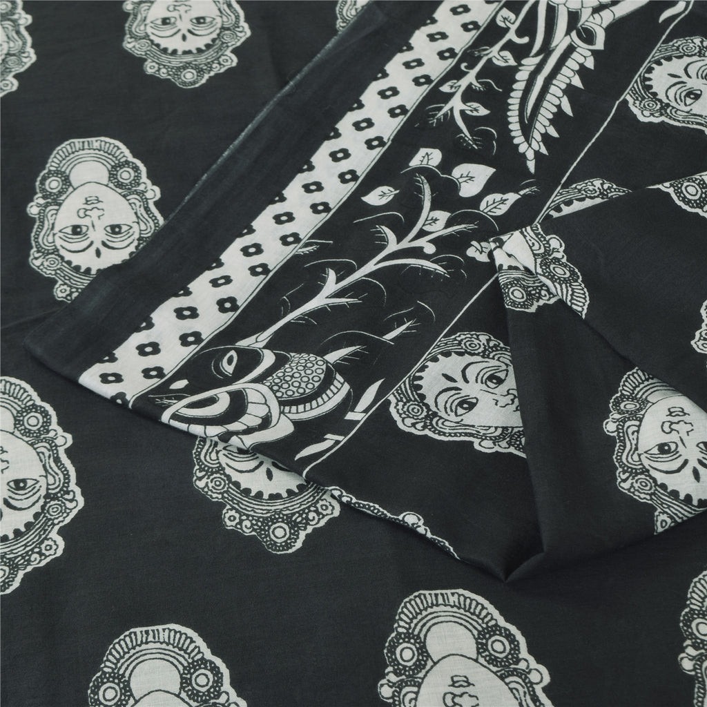 Sanskriti Vintage Sarees Black Kalamkari Handmade Pure Cotton Print Sari Sustainable Fabric