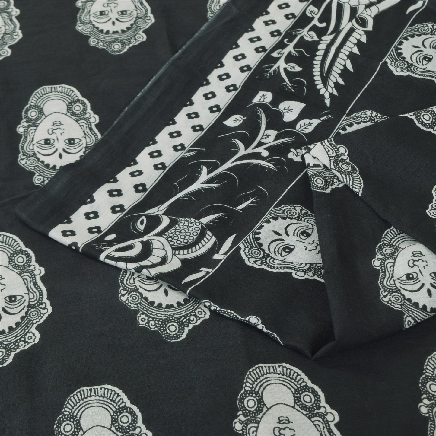 Sanskriti Vintage Sarees Black Kalamkari Handmade Pure Cotton Print Sari Sustainable Fabric