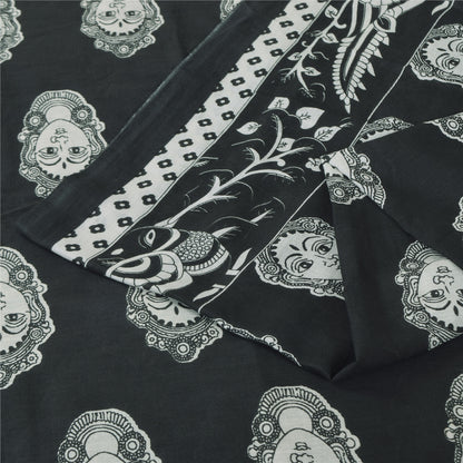Sanskriti Vintage Sarees Black Kalamkari Handmade Pure Cotton Print Sari Sustainable Fabric