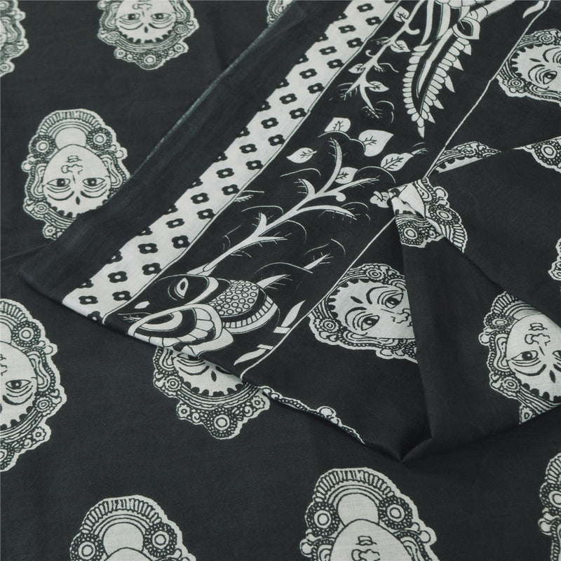 Sanskriti Vintage Black Pure Cotton Saree Kalamkari Hand Block Printed Sari 5+YD Craft Fabric