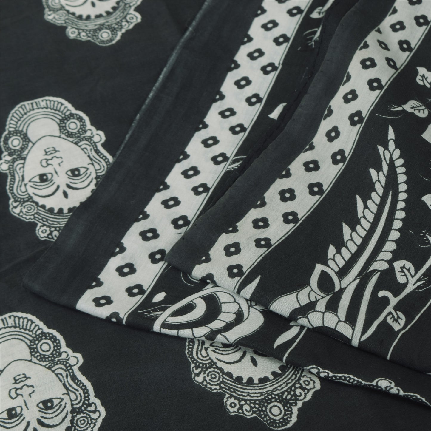Sanskriti Vintage Sarees Black Kalamkari Handmade Pure Cotton Print Sari Sustainable Fabric