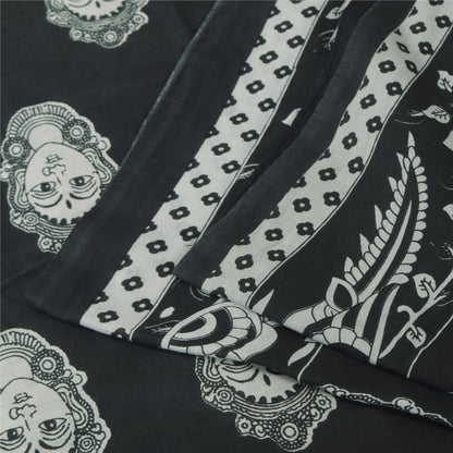 Sanskriti Vintage Sarees Black Kalamkari Handmade Pure Cotton Print Sari Sustainable Fabric