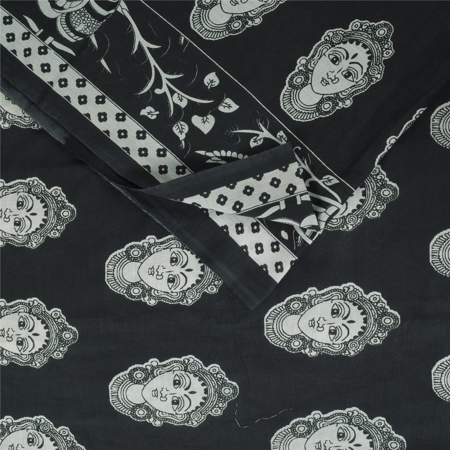 Sanskriti Vintage Sarees Black Kalamkari Handmade Pure Cotton Print Sari Sustainable Fabric