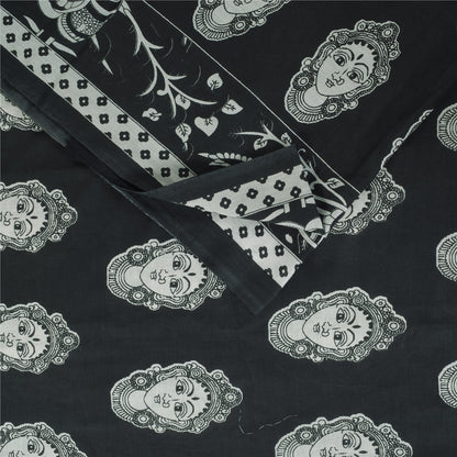 Sanskriti Vintage Sarees Black Kalamkari Handmade Pure Cotton Print Sari Sustainable Fabric