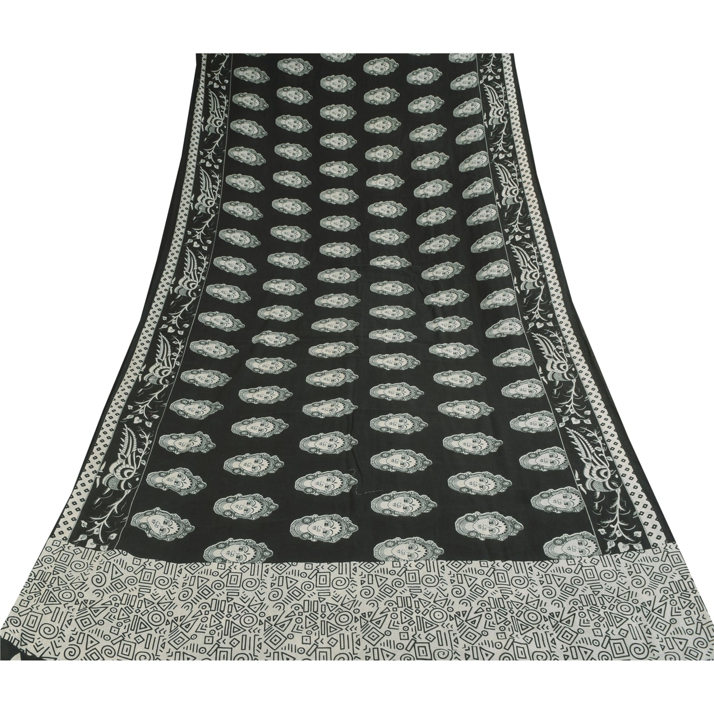 Sanskriti Vintage Sarees Black Kalamkari Handmade Pure Cotton Print Sari Sustainable Fabric