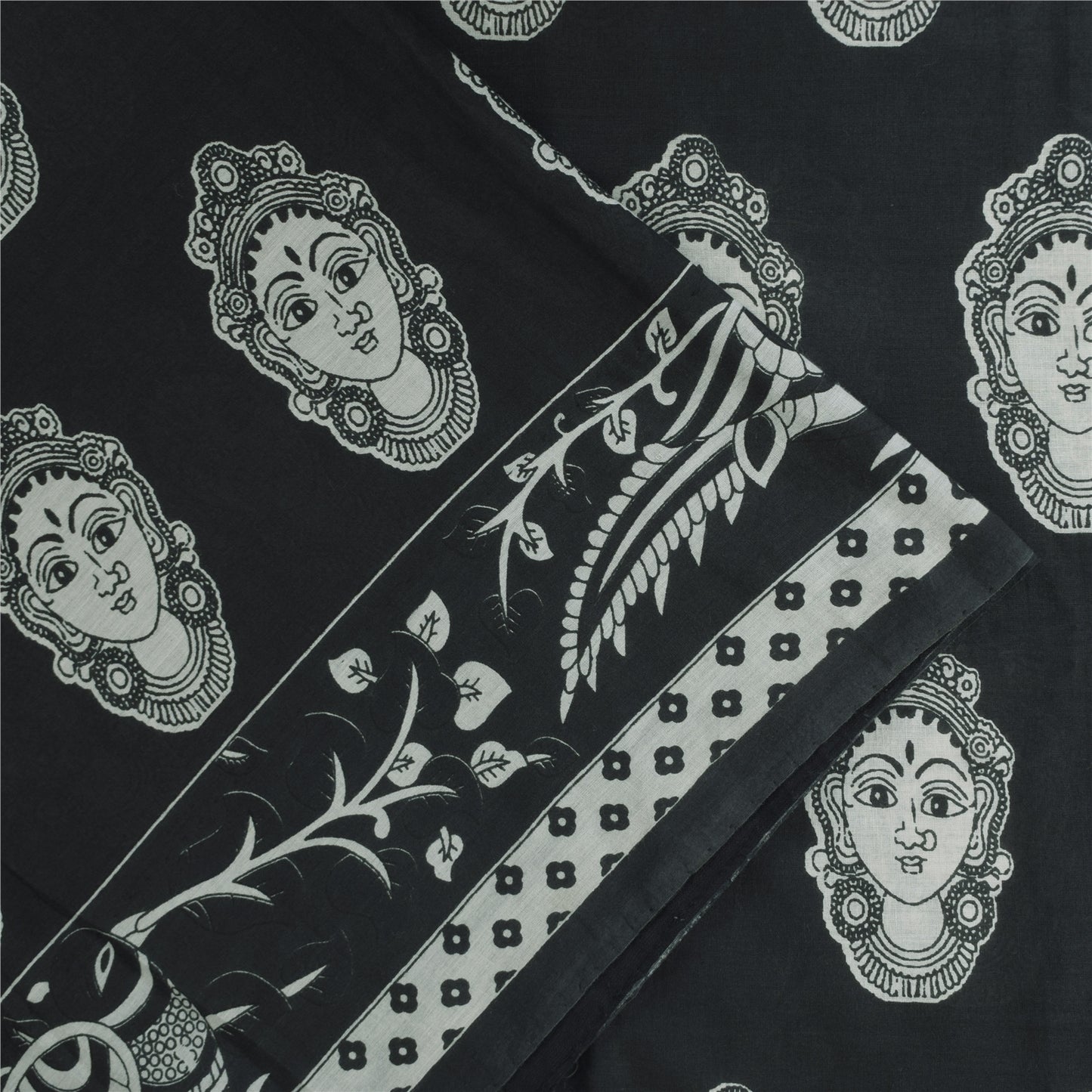 Sanskriti Vintage Sarees Black Kalamkari Handmade Pure Cotton Print Sari Sustainable Fabric