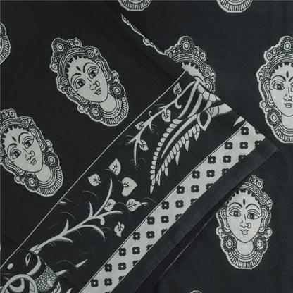 Sanskriti Vintage Sarees Black Kalamkari Handmade Pure Cotton Print Sari Sustainable Fabric