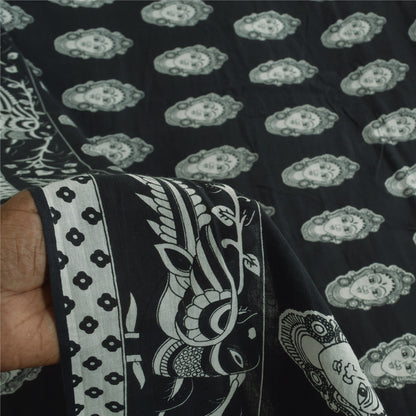 Sanskriti Vintage Sarees Black Kalamkari Handmade Pure Cotton Print Sari Sustainable Fabric