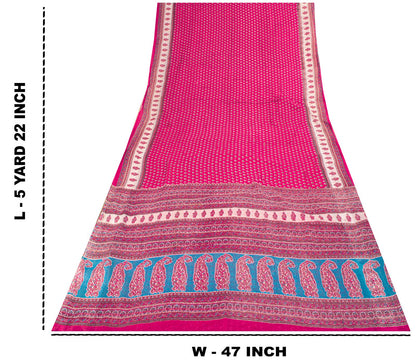 Vintage Saree Pink 100% Pure Cotton Floral Printed Craft Fabric 5+Yard Indian Sari