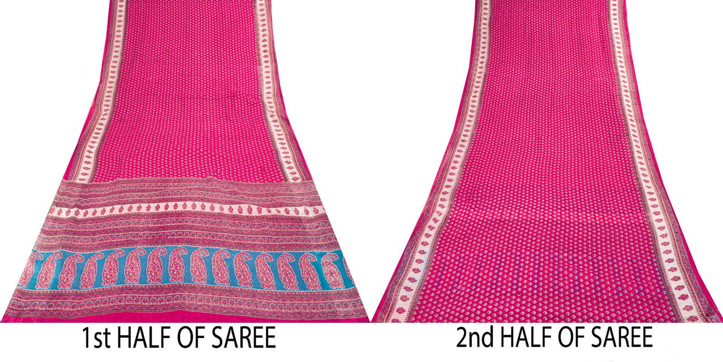 Vintage Saree Pink 100% Pure Cotton Floral Printed Craft Fabric 5+Yard Indian Sari