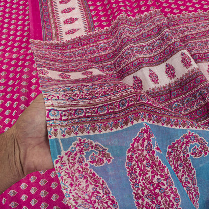 Vintage Saree Pink 100% Pure Cotton Floral Printed Craft Fabric 5+Yard Indian Sari