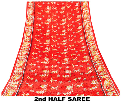 Sanskriti Vintage Sarees Pink Pure Cotton Human Animal Print 5+YD Home Deco Sari