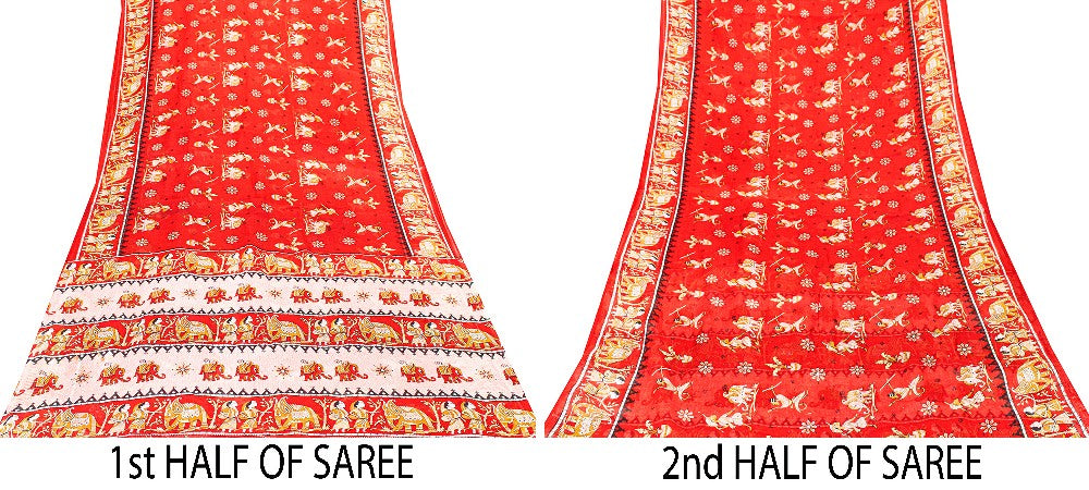 Sanskriti Vintage Sarees Pink Pure Cotton Human Animal Print 5+YD Home Deco Sari