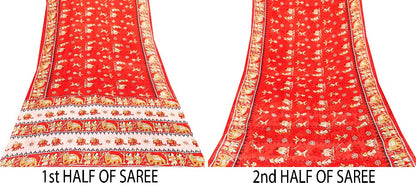 Sanskriti Vintage Sarees Pink Pure Cotton Human Animal Print 5+YD Home Deco Sari