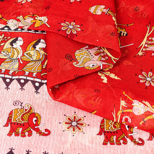 Sanskriti Vintage Sarees Red Pure Cotton Madhubani Style Printed 5+Yd Sari Craft Fabric