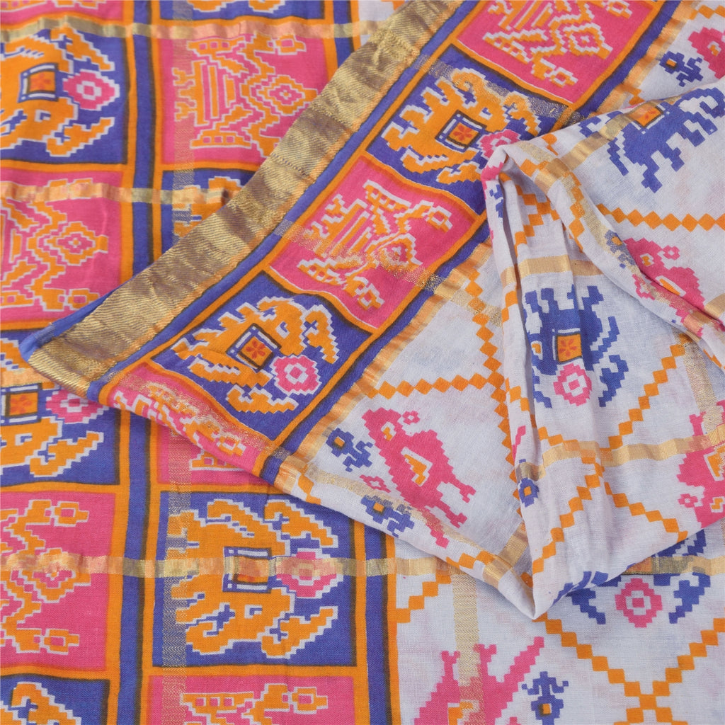 Sanskriti Vintage Sarees Ivory Pure Cotton Patan Patola Printed Sari 5+yd Sustainable Fabric