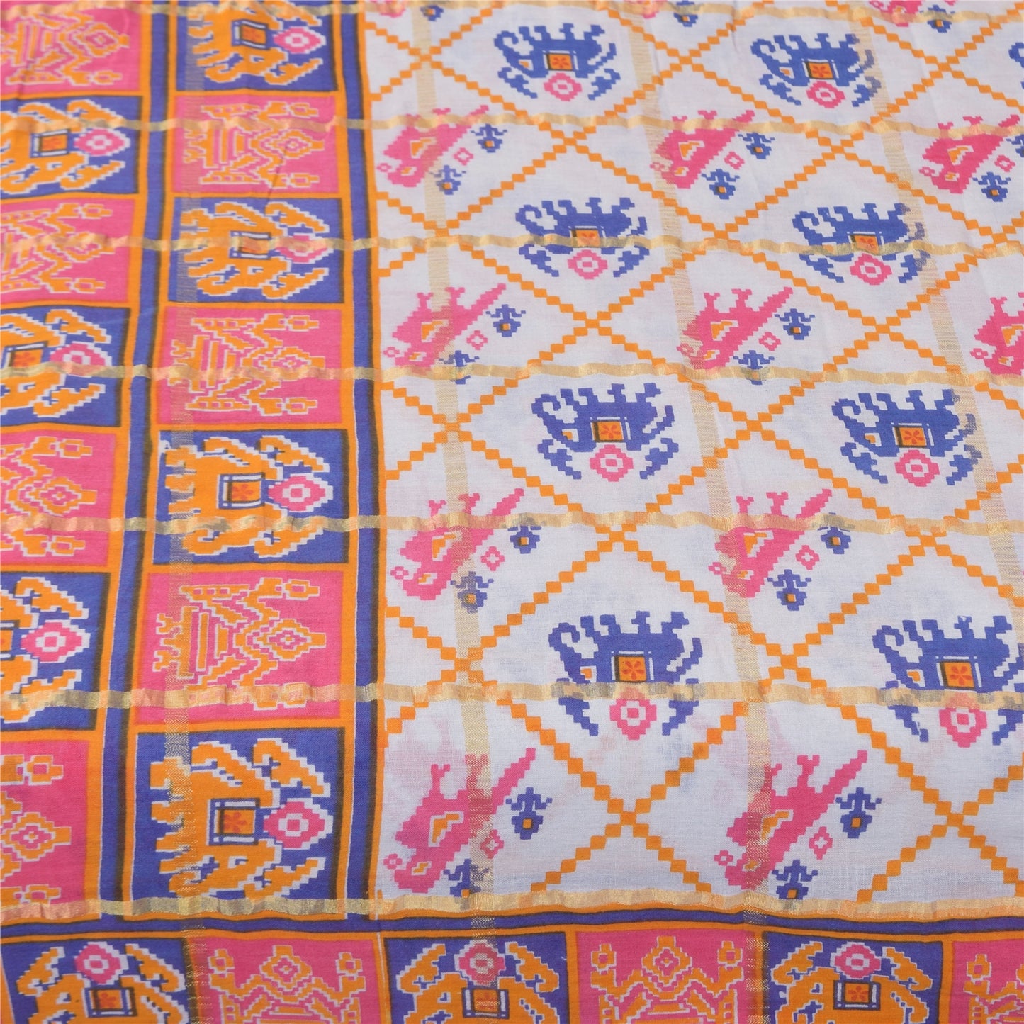 Sanskriti Vintage Sarees Ivory Pure Cotton Patan Patola Printed Sari 5+yd Sustainable Fabric