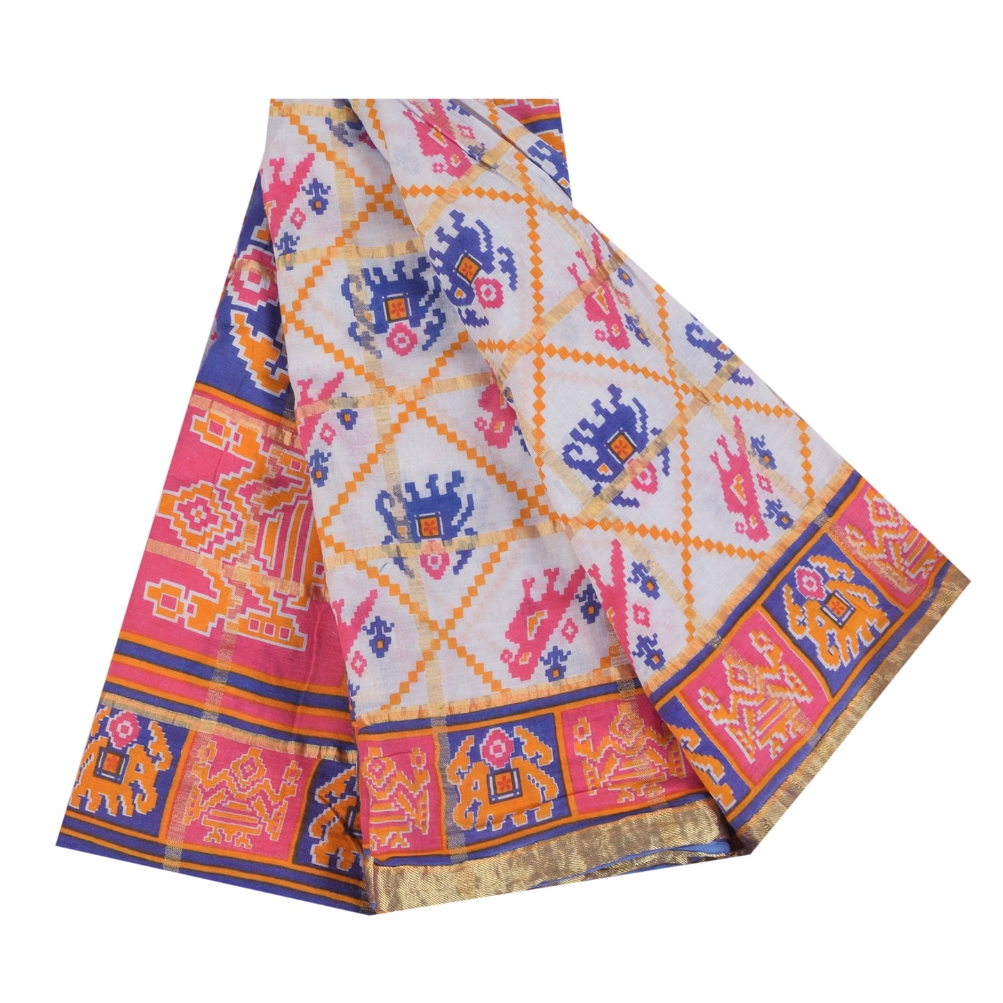 Sanskriti Vintage Sarees Ivory Pure Cotton Patan Patola Printed Sari 5+yd Sustainable Fabric