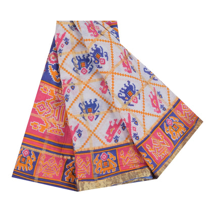 Sanskriti Vintage Sarees Ivory Pure Cotton Patan Patola Printed Sari 5+yd Sustainable Fabric