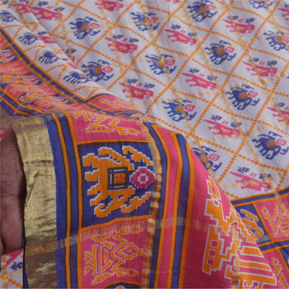 Sanskriti Vintage Sarees Ivory Pure Cotton Patan Patola Printed Sari 5+yd Sustainable Fabric
