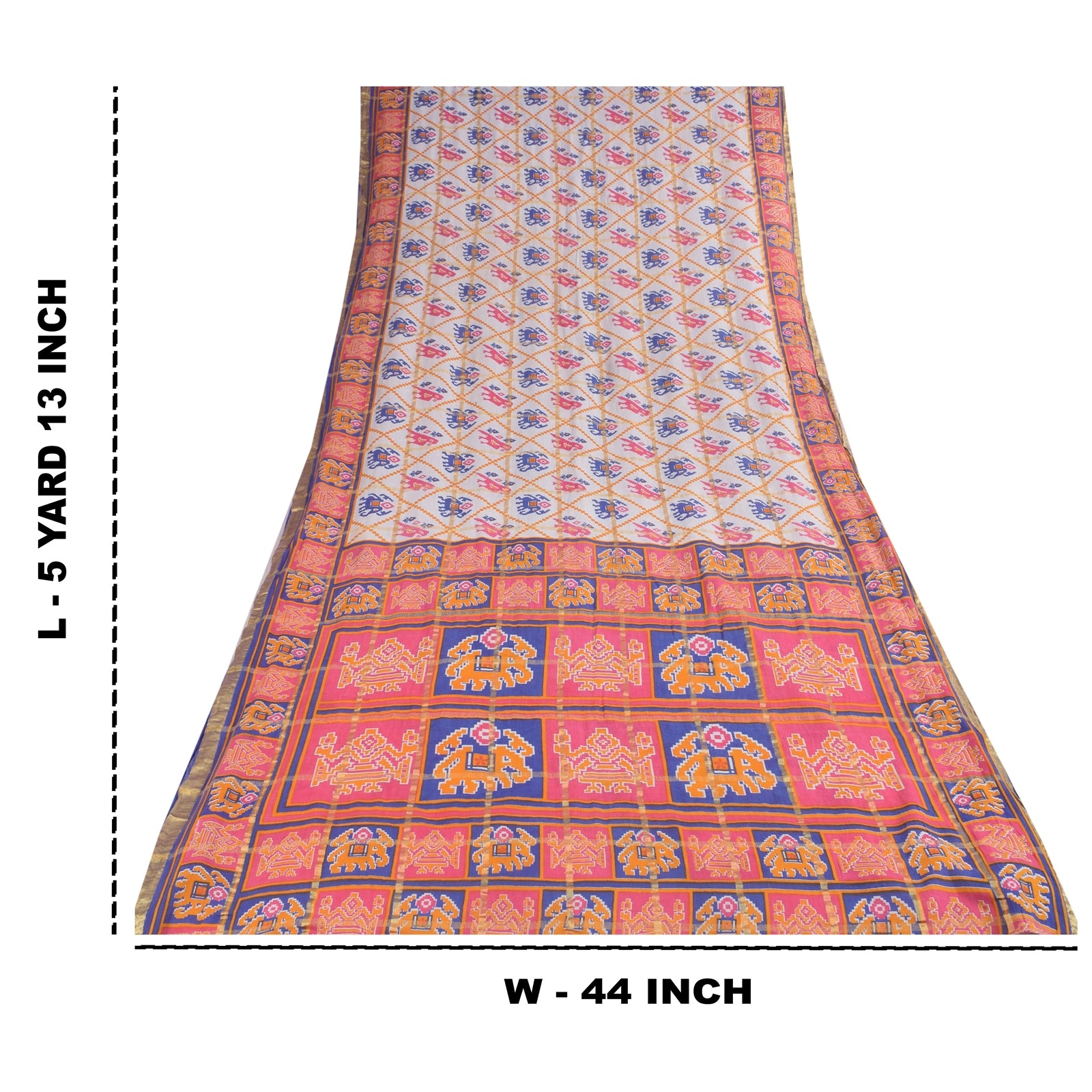 Sanskriti Vintage Sarees Ivory Pure Cotton Patan Patola Printed Sari 5+yd Sustainable Fabric